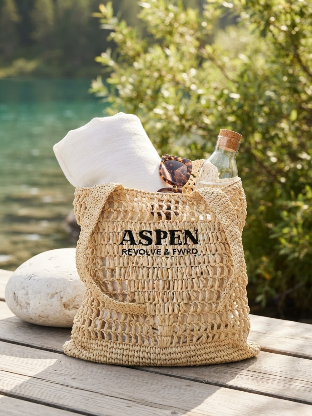ASPEN REVOLVE & FWRD" Woven Straw Beach Tote Bag - new